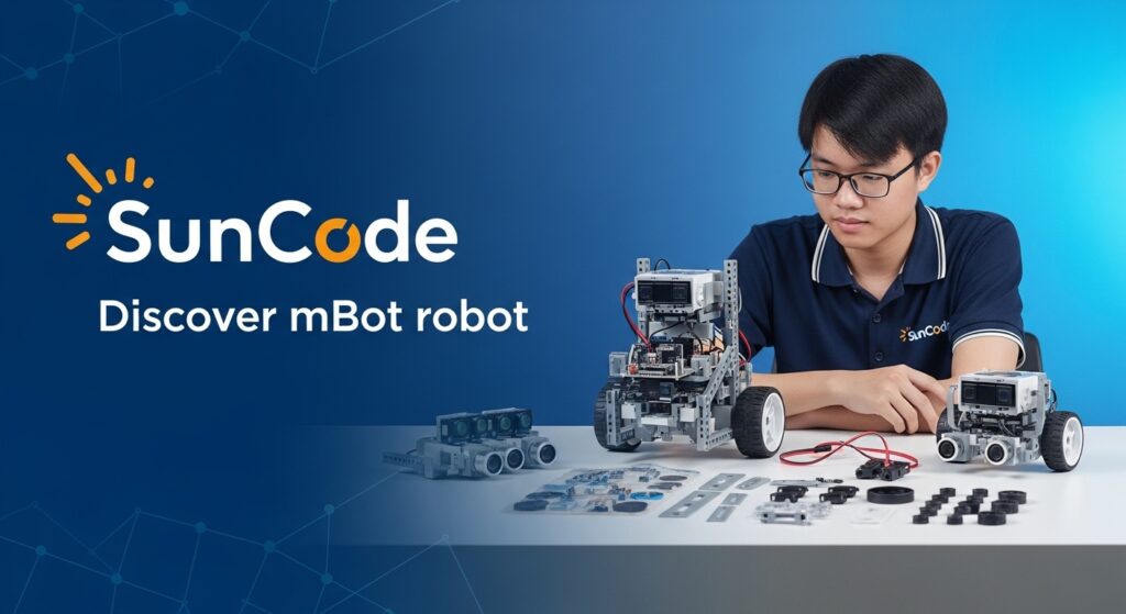Một học viên SunCode đang lắp ráp robot mBot, với các bộ phận như bánh xe và cảm biến siêu âm được sắp xếp trên bàn. Hình ảnh có logo SunCode và dòng chữ “Khám phá robot mBot”.