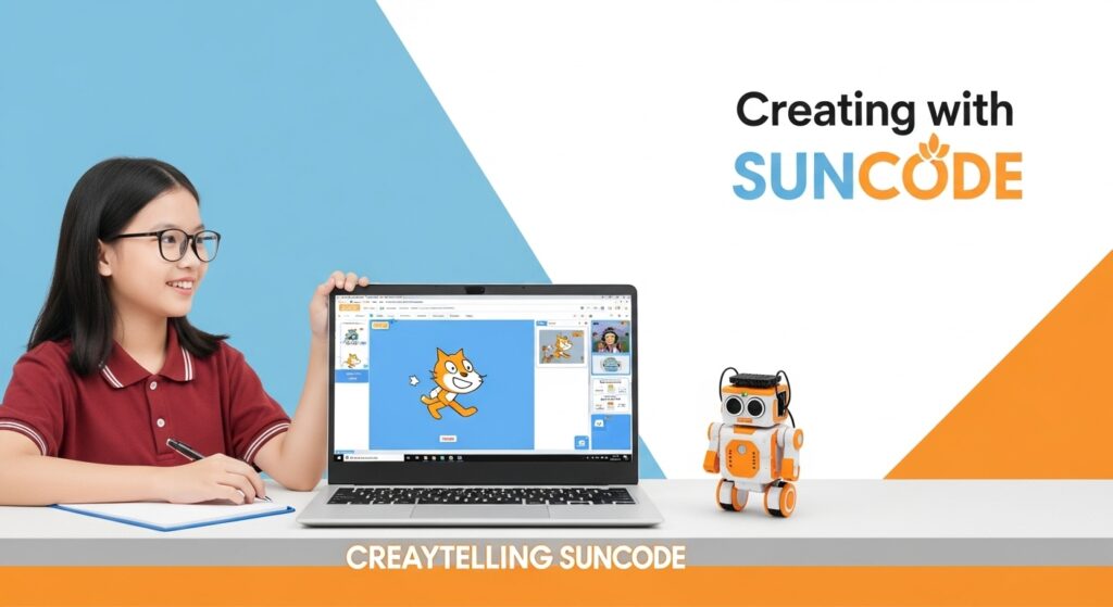 Một học viên SunCode trình bày dự án “Robot kể chuyện”. Màn hình laptop hiển thị câu chuyện Scratch, trong khi mBot di chuyển bên cạnh. Hình ảnh có dòng chữ “Sáng tạo cùng SunCode”.