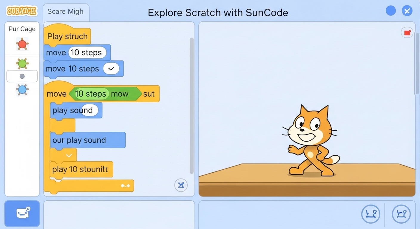 Giao diện Scratch 3.0 với chú mèo Scratch (mascot) đang di chuyển trên sân khấu. Các khối lệnh “di chuyển 10 bước” và “phát âm thanh” được hiển thị rõ ràng. Hình ảnh có chú thích “Khám phá Scratch cùng SunCode”.