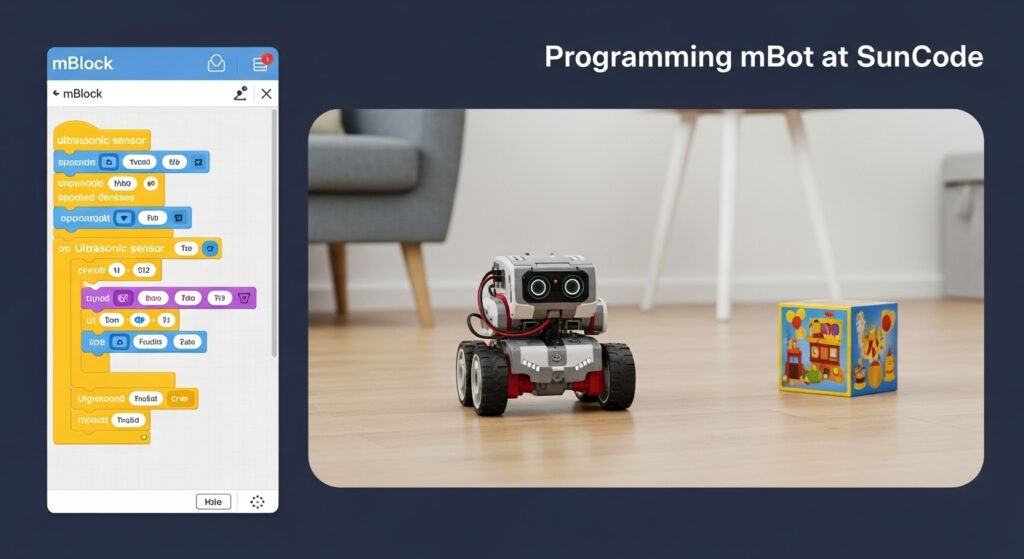 Robot mBot đang di chuyển trên sàn, tránh một hộp đồ chơi. Góc trái hiển thị giao diện mBlock với các khối lệnh “cảm biến siêu âm”. Hình ảnh có dòng chữ “Lập trình mBot tại SunCode”.