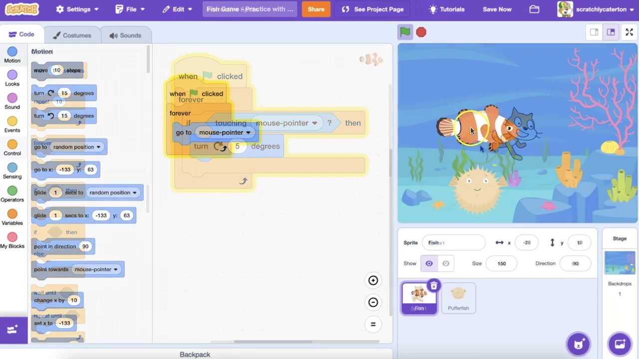 Giao diện Scratch với chú cá đang được điều khiển bằng chuột, sắp chạm vào nhân vật cá nóc.
