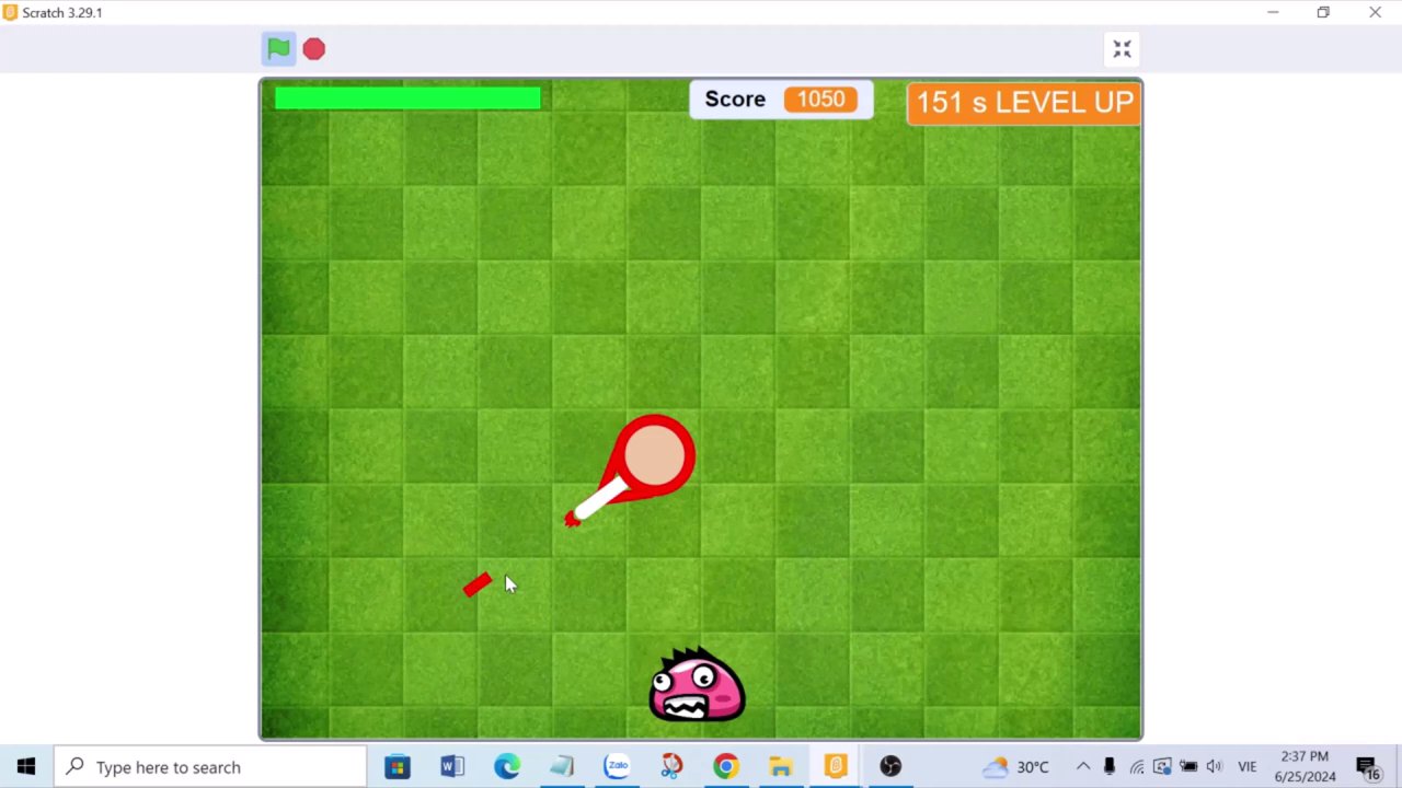 Cận cảnh gameplay với viên đạn đỏ di chuyển và hai nhân vật vàng, hồng xuất hiện ở hai góc màn hình.