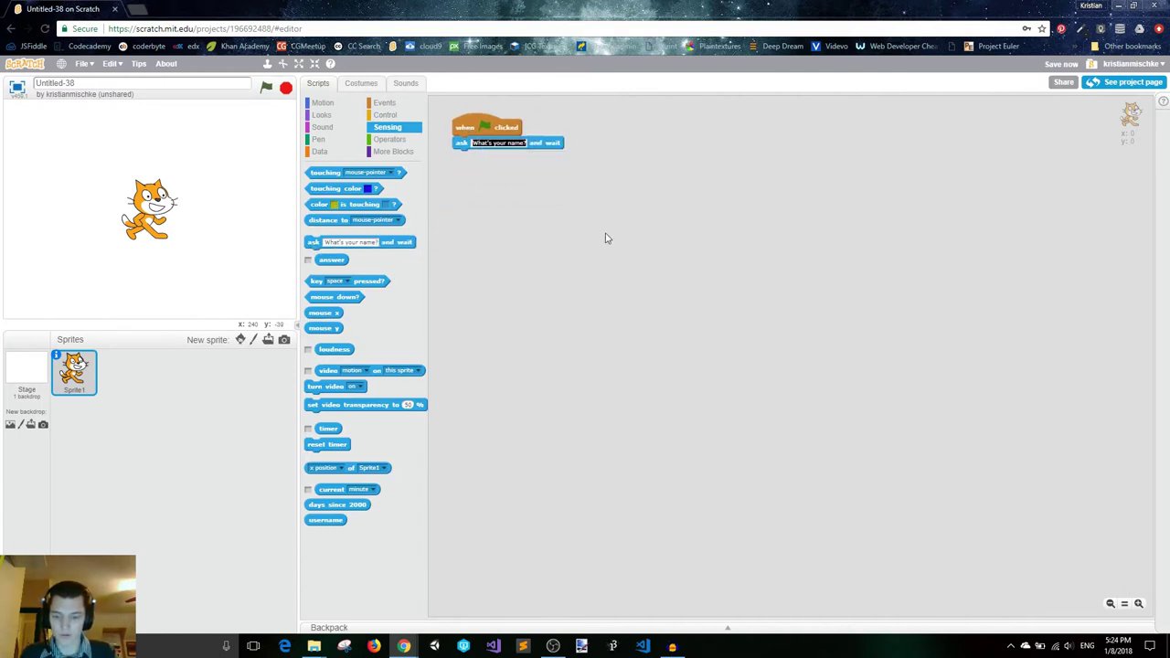 Khối lệnh "hỏi" với câu hỏi "Do you like cheeseburgers?" và cấu trúc "nếu-thì" kiểm tra câu trả lời.