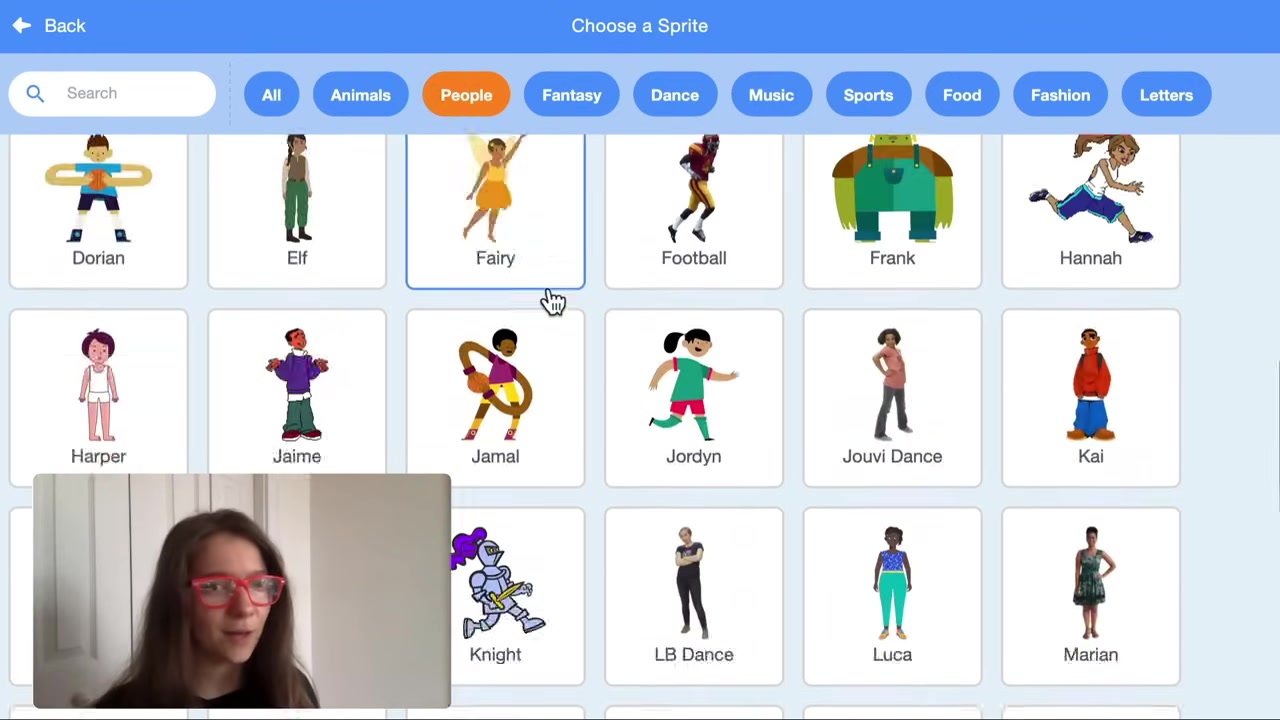 Lựa chọn nhân vật Công chúa từ thư viện Sprite của Scratch.