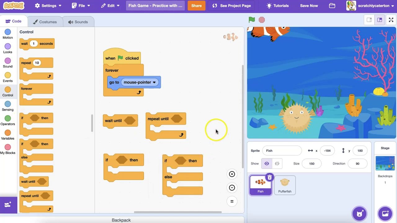 Khối lệnh "touching [pufferfish]?" có hình lục giác kéo dài, đặc trưng của khối Boolean.