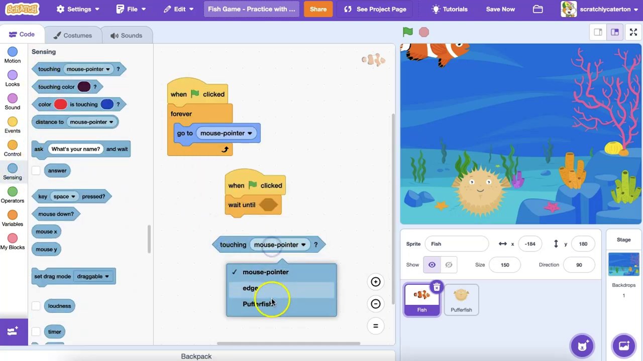 Đoạn code sử dụng khối "wait until" kết hợp với khối "play sound".