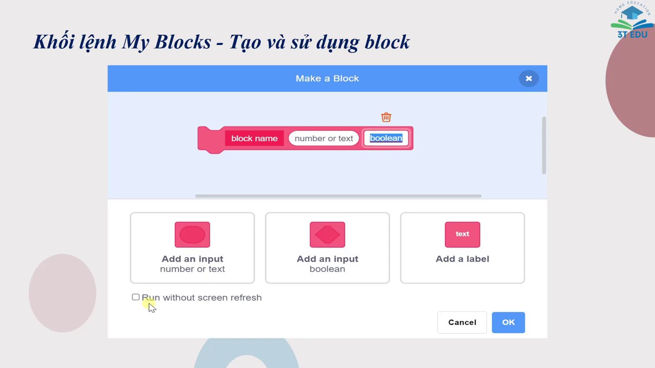 Khối "định nghĩa" (Define) nơi bạn xây dựng chức năng cho Block mới.