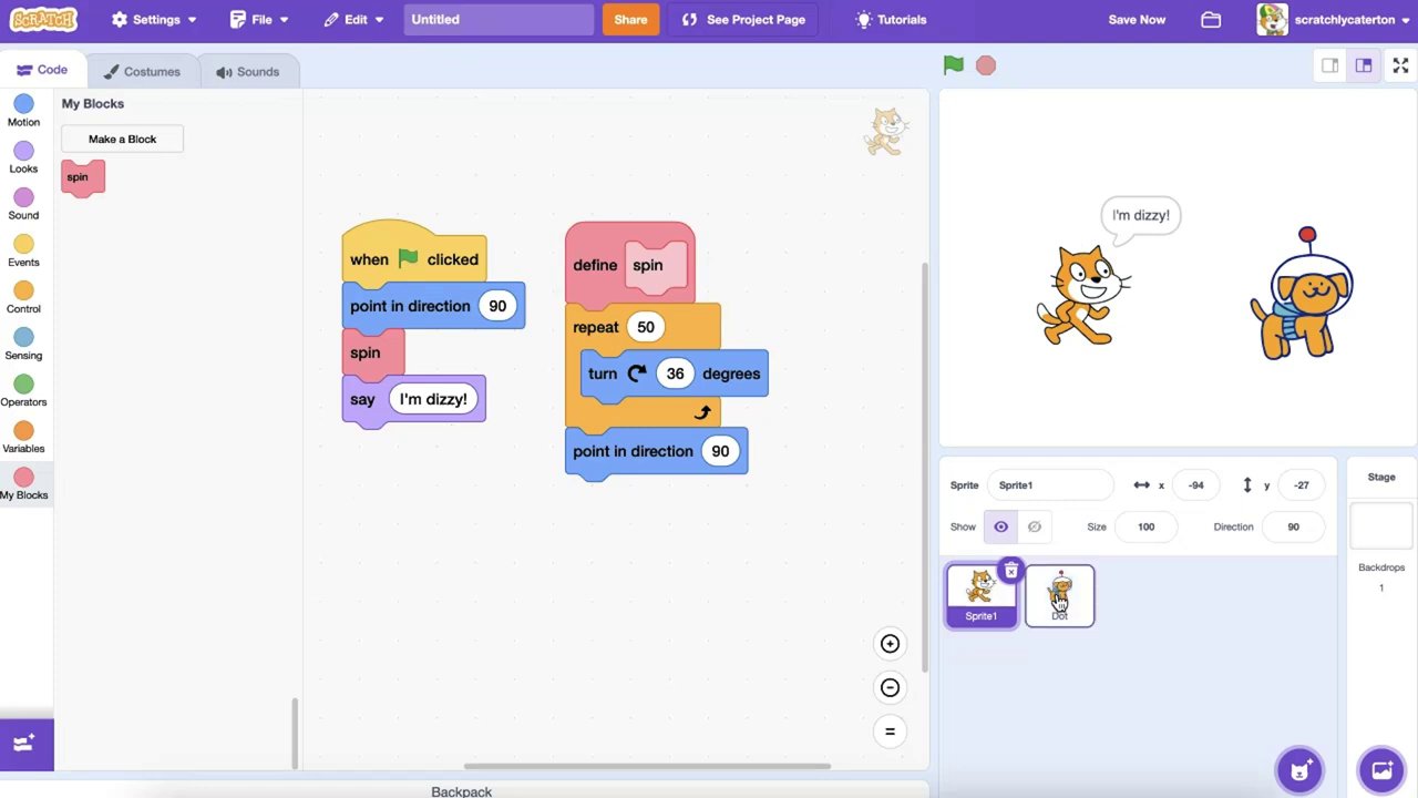 Hình ảnh so sánh: Palette khối lệnh của Sprite 1 có My Block, trong khi Palette của Sprite 2 thì trống trơn.