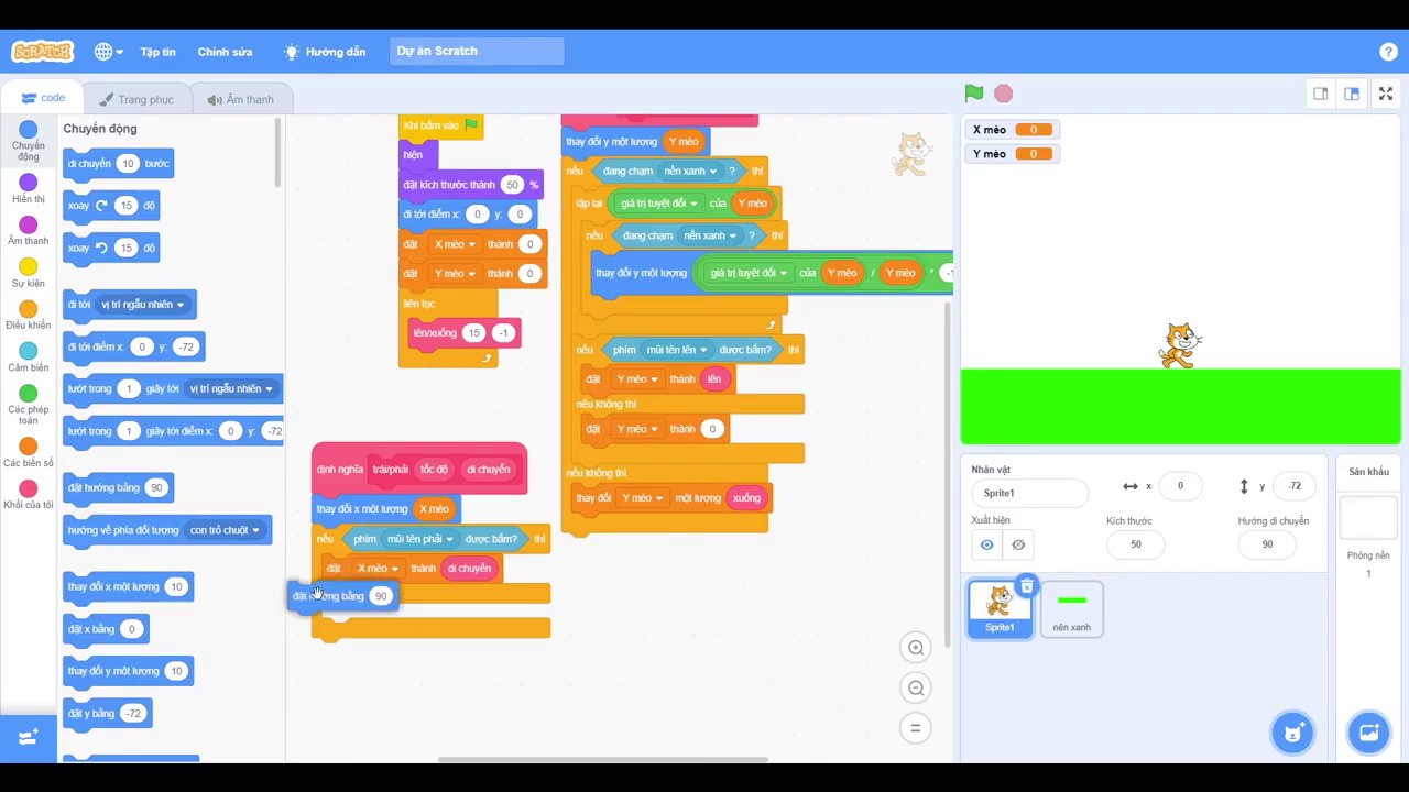 Lập trình khối lệnh tùy chỉnh để xử lý di chuyển trái phải bằng các phím mũi tên.