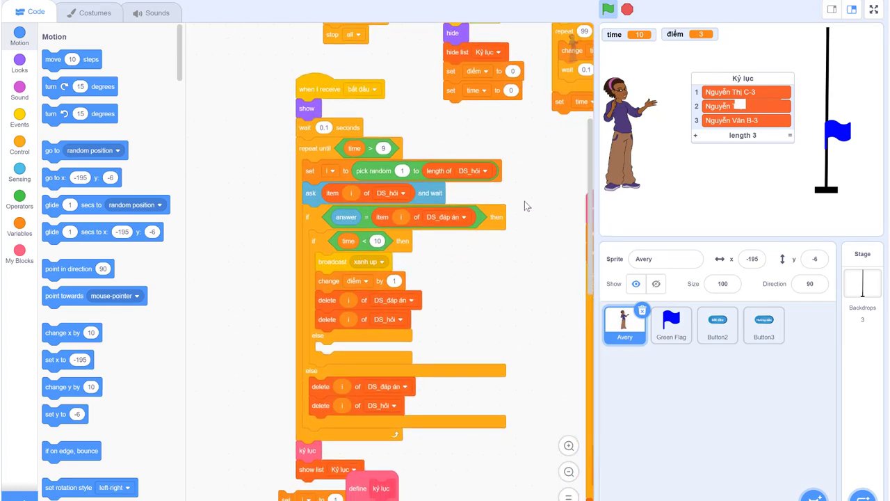 Cấu trúc danh sách câu hỏi và câu trả lời trong giao diện lập trình Scratch.