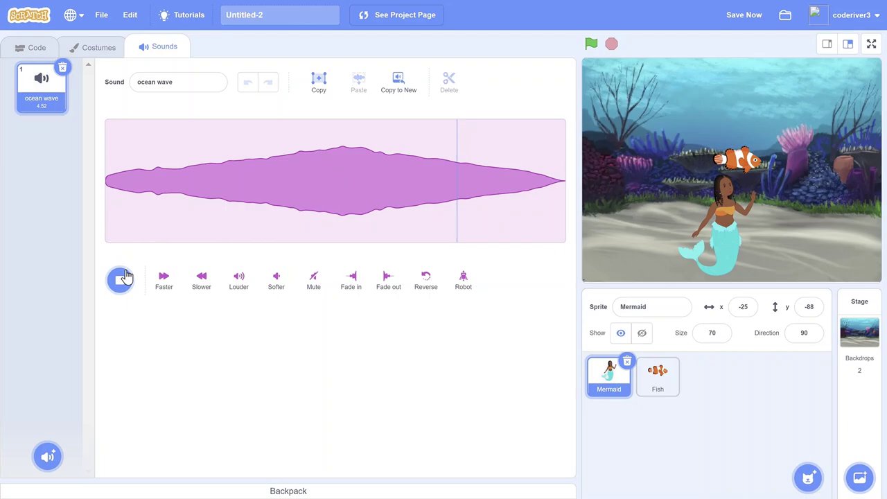 Khu vực chỉnh sửa âm thanh trong Scratch, cho phép cắt, thay đổi tốc độ, âm lượng và thêm hiệu ứng.
