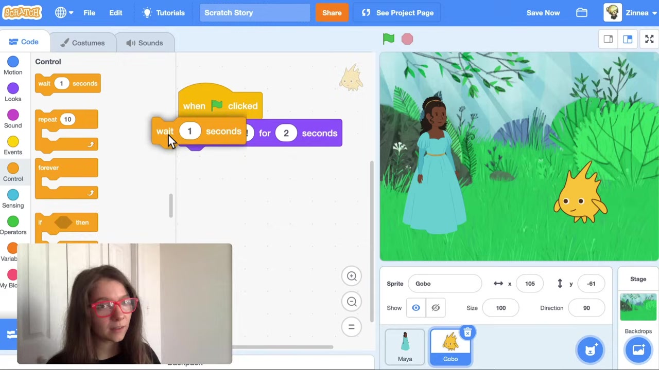 Sử dụng khối "chờ" để Gobo đợi Maya nói xong rồi mới bắt đầu hội thoại.