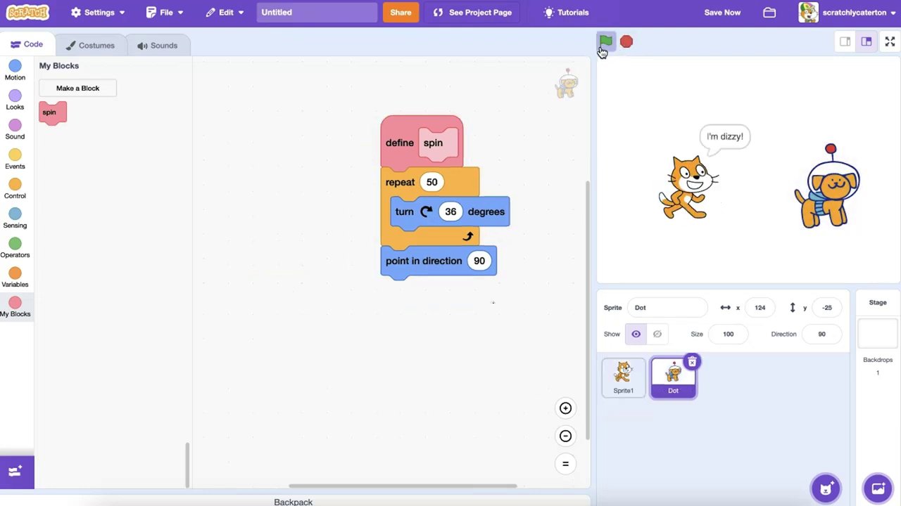 Ví dụ minh họa: Khối "broadcast message1" được gửi đi, và ngay lập tức khối "spin" phía sau được thực thi.