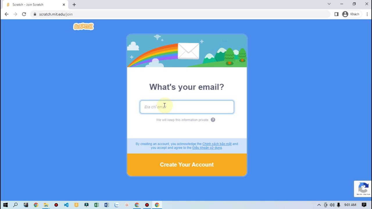 Ô nhập địa chỉ email để xác minh tài khoản Scratch.