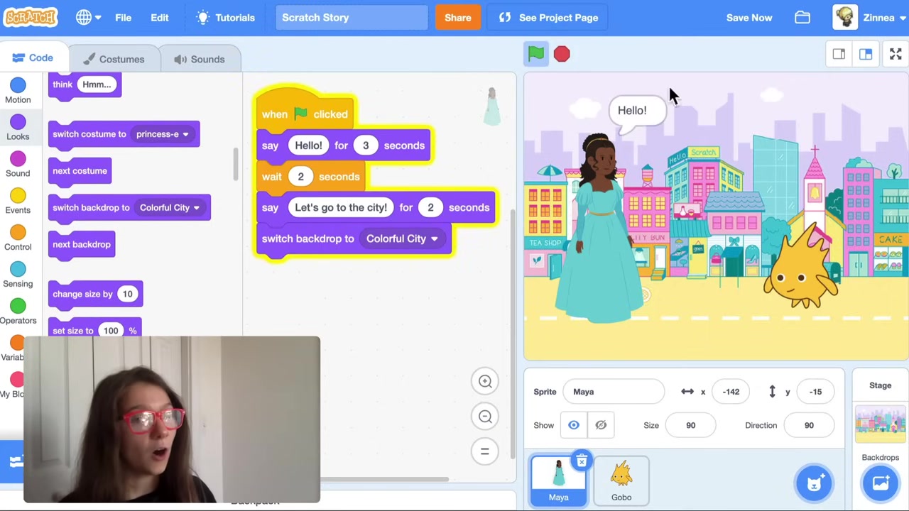 Sử dụng khối "chuyển sang bối cảnh" để chuyển từ cảnh rừng sang cảnh thành phố.