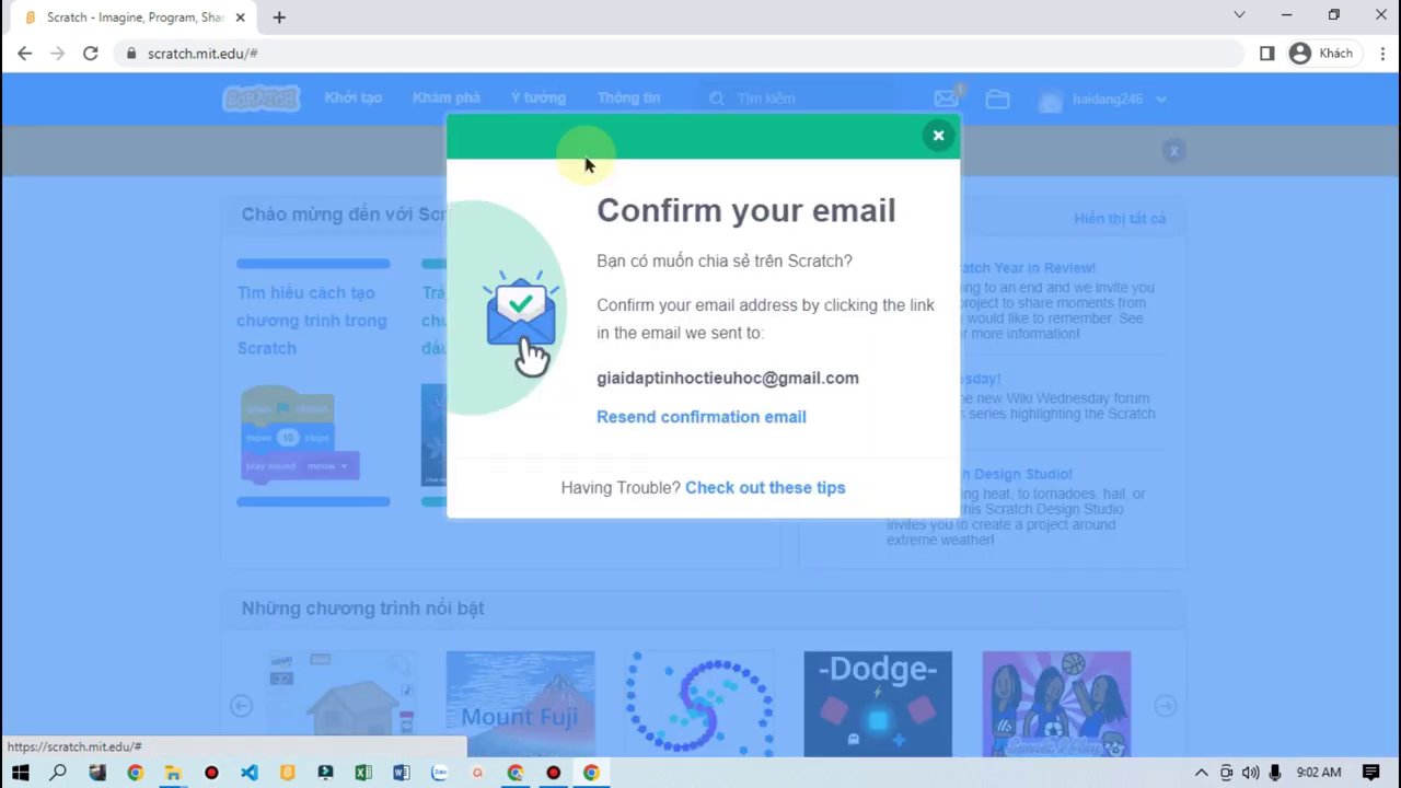 Thông báo yêu cầu xác minh email sau khi đăng ký thành công.