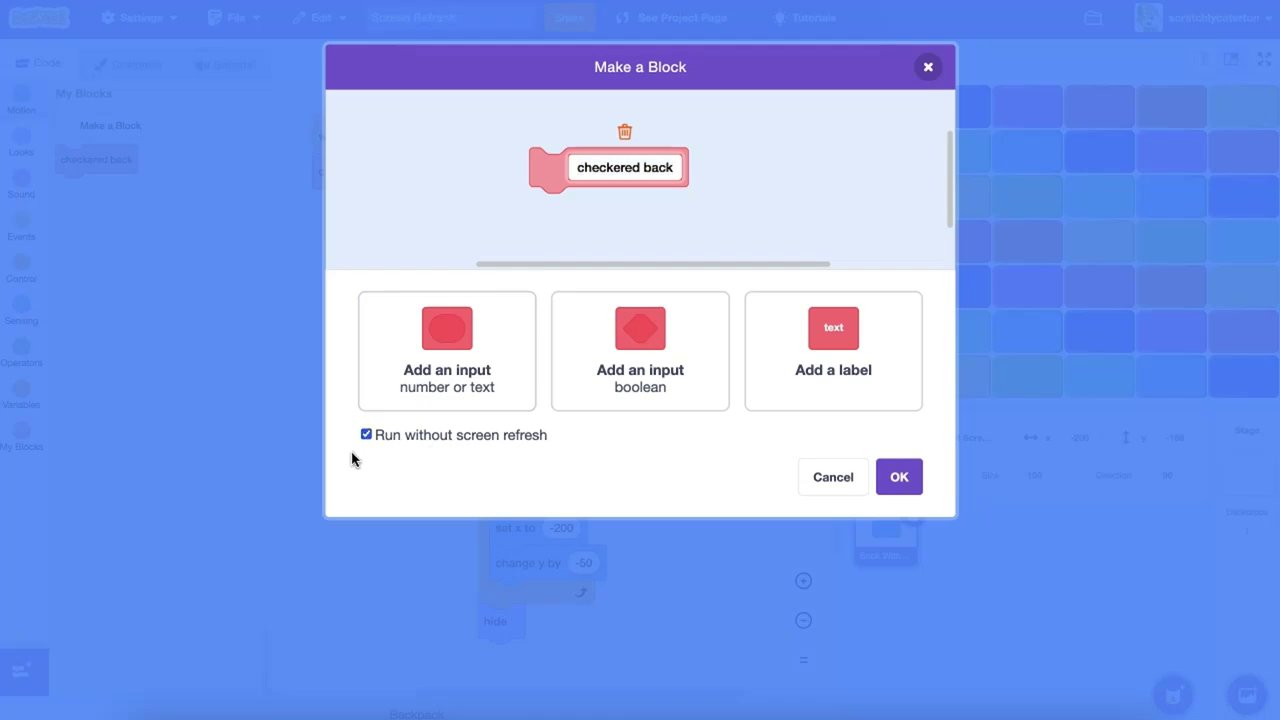 Giao diện chỉnh sửa My Block, làm nổi bật nút checkbox "run without screen refresh".
