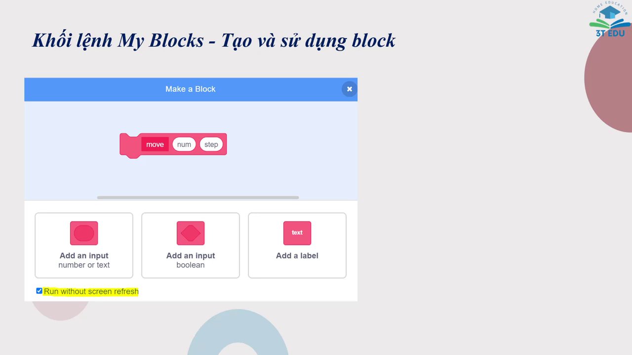 Hộp kiểm "Chạy không làm mới màn hình" khi tạo khối lệnh.