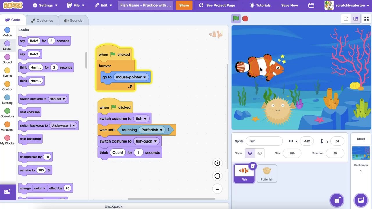 Hiệu ứng chuyển đổi costume ngay lập tức khi cá rời khỏi cá nóc, nhờ câu lệnh "if then else".