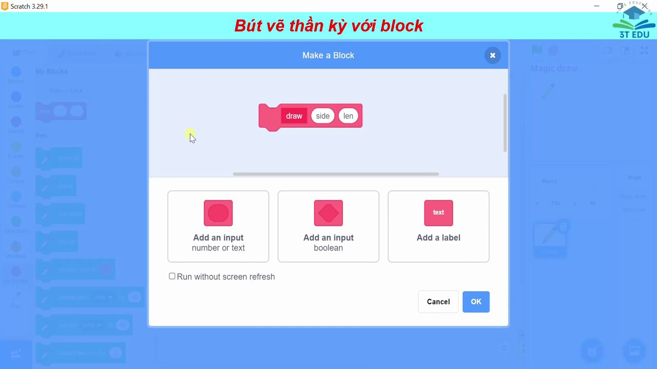 Định nghĩa Block "Draw" với các tham số Side và Len.