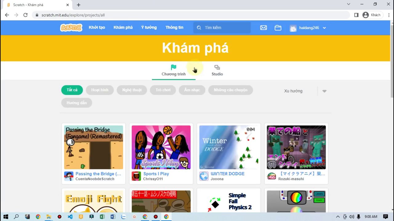 Trang "Khám phá" với vô số dự án Scratch từ cộng đồng.