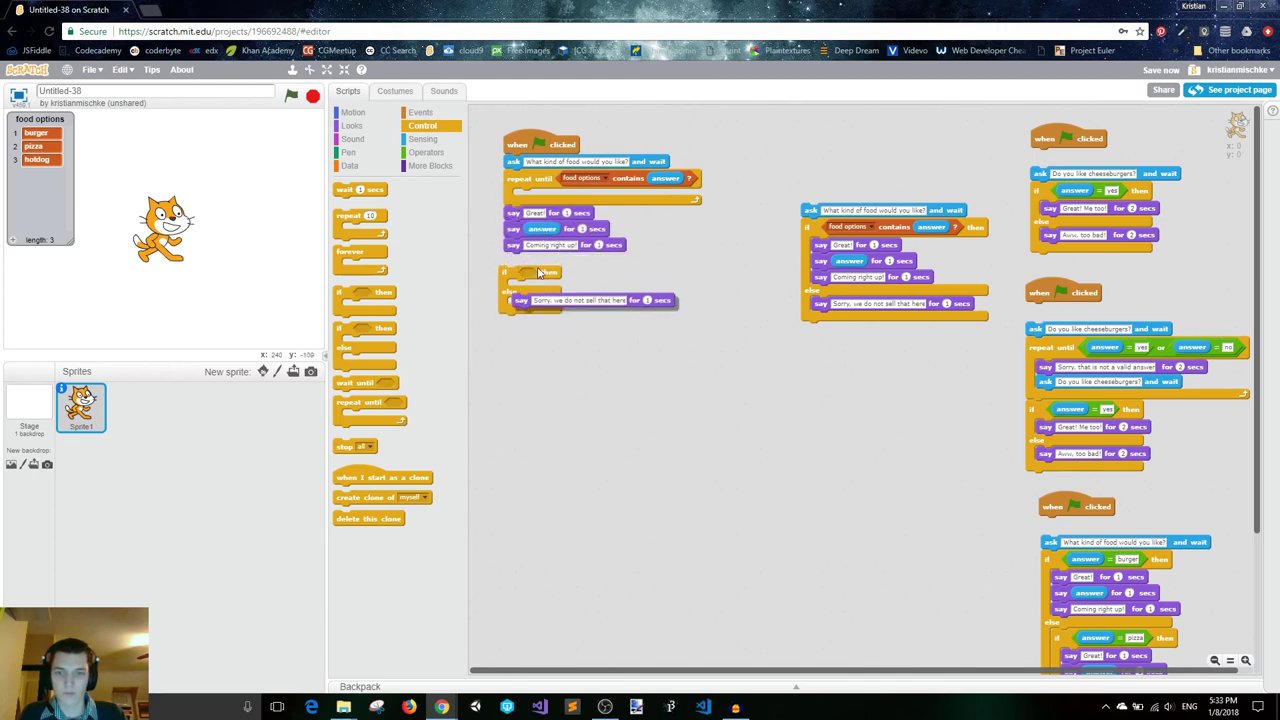 Minh họa chương trình chạy: người dùng lần lượt nhập "cake", "pickles", "french fries" đều bị từ chối, cho đến khi nhập "burger" thì được chấp nhận.